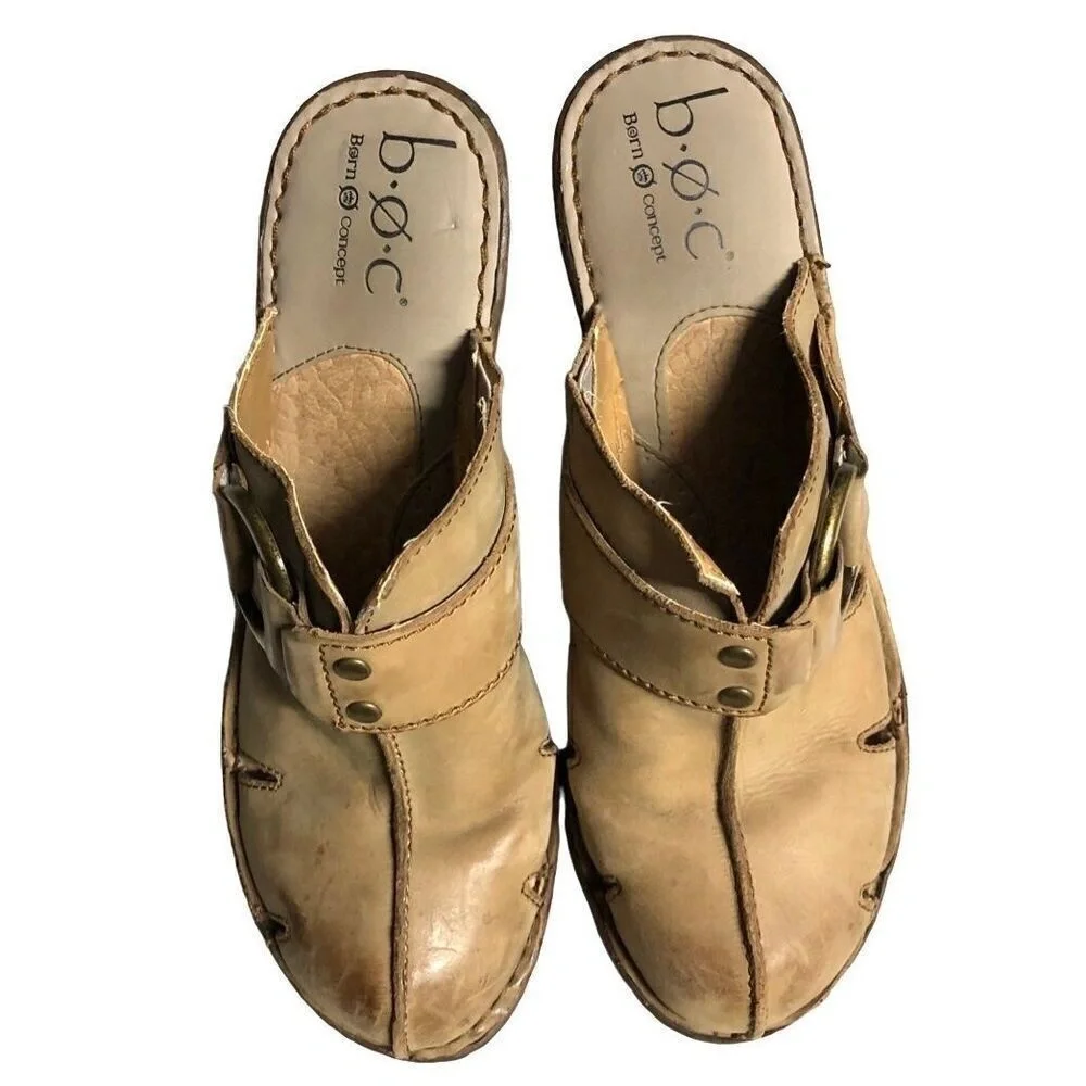 B.O.C. Born Concept Retro Tan Leather Chunky 3 Heel Clog Size 9 (Wear‎ on Front)